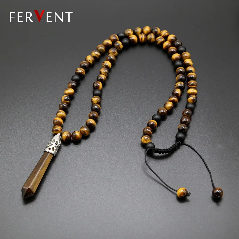 

Healing Natural Stone Crystal Point Energy Column Hexagonal Pendant Necklace Tiger Eye Long Beaded Yoga Necklace Jewelry for Men