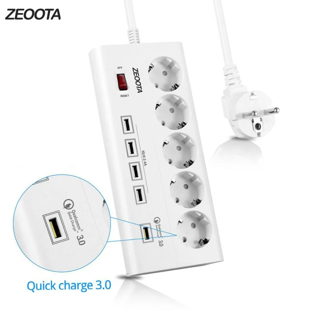 Power Strip 5 EU Outlets Plug Socket with USB QC 3 0 Quick Charge Port for