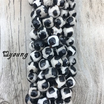 

Faceted Natural Tibetan DZI Beads, Three Evil Eyes white Football Stripe Black Tribal Ethnic Agates Beads, 5 strands/lot MY1437