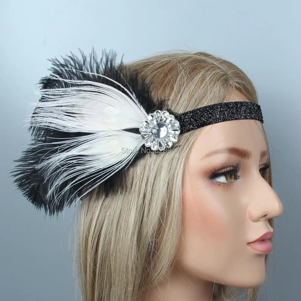 Lowosaiwor Vintage Black Feather 20s Headpiece 1920s Flapper