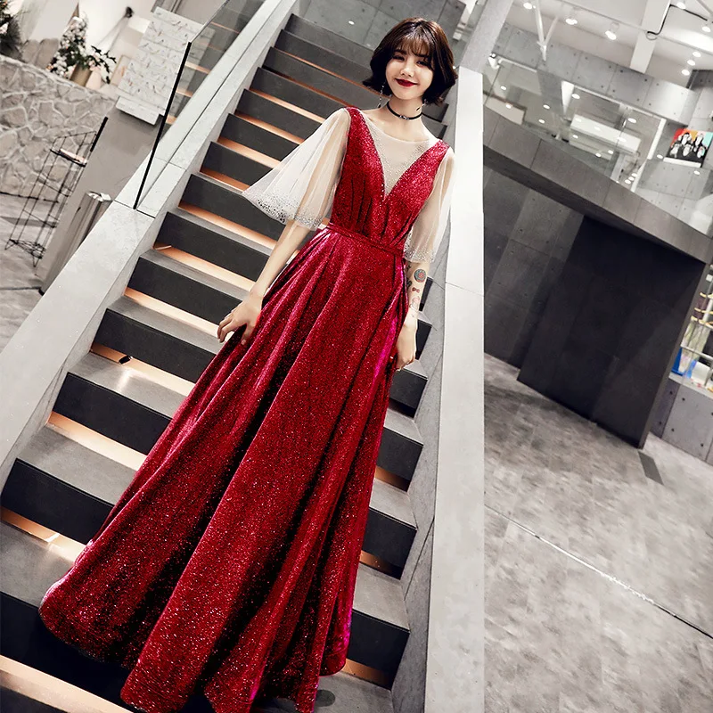Платье для выпускного вечера, с блестками, с круглым вырезом, с кристаллами, длинные платья для женщин, вечерние, шикарные, трапециевидные, элегантные, вечерние размера плюс, Vestidos De Gala E432 - Цвет: Красный