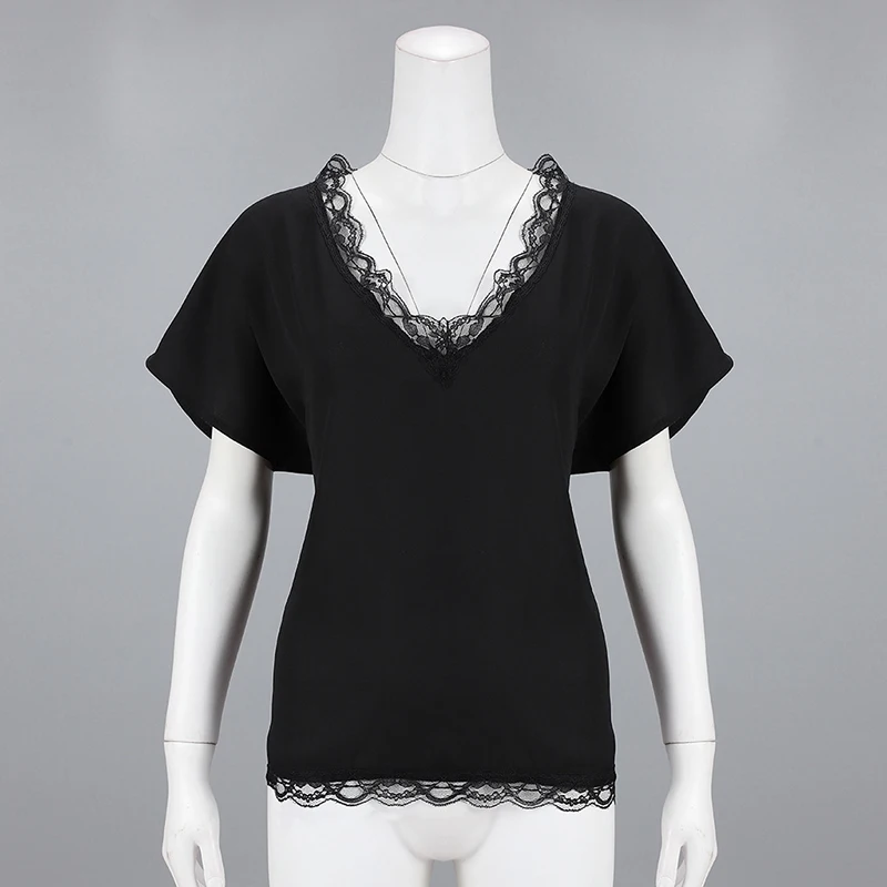 Sexy V-Neck Short Sleeve Tops For Woman Lace Patchwork Casual Shirt Women's Clothes Black Shirt Womens Blouses Summer Blusa