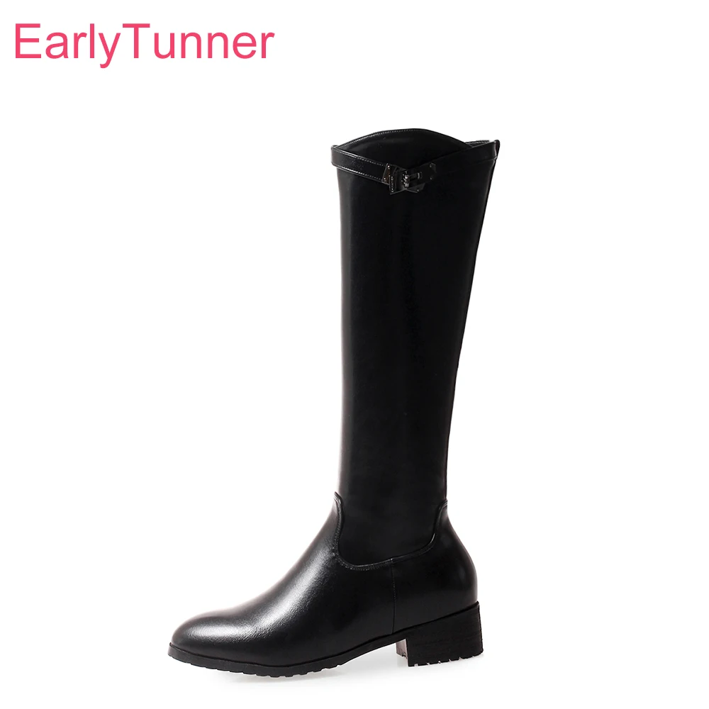 

2018 Brand New Winter Elegant Green Black Women Knee High Riding Boots Chunky Heels Lady Nude Shoes ES023 Plus Big Size 10 32 43