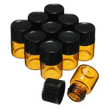 10 Uds Universal 1ml Mini ámbar vidrio vacío botella de aceite esencial frasco de muestra de Perfume con orificio casquillo reductor contenedor negro