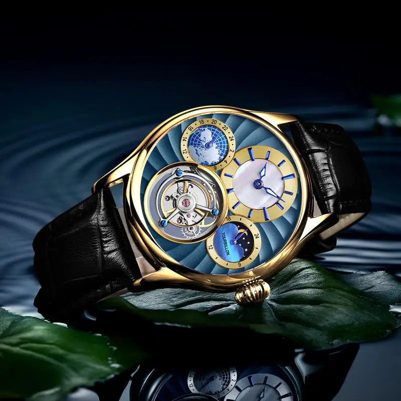 Новые индивидуальные роскошные мужские часы настоящий Турбийон Механические наручные мужские часы с кожаным ремешком водонепроницаемые мужские часы