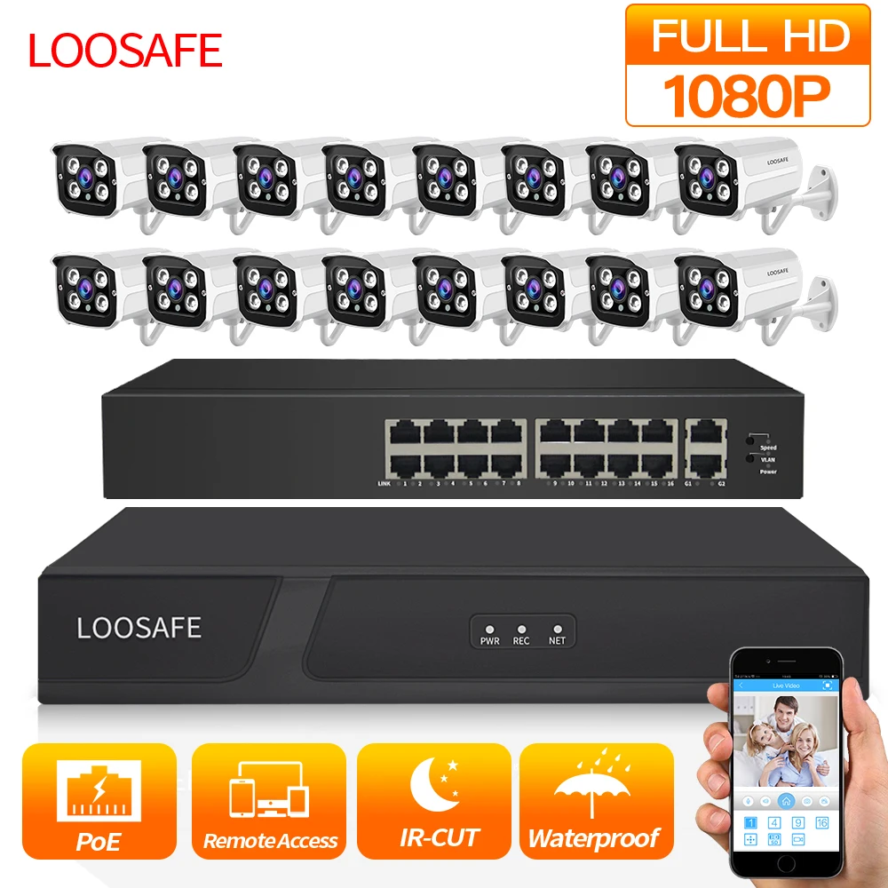 LOOSAFE 1080P HDMI POE NVR комплект CCTV система безопасности DVR 16 шт. аудио запись ip-камера P2P видео камера безопасности комплект 1 ТБ HDD
