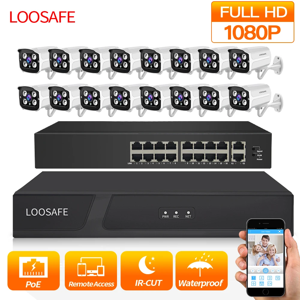 

LOOSAFE 1080P HDMI POE NVR Kit CCTV Security System DVR 16PCS Audio Record IP Camera P2P Video Security Camera Kit Set 1TB HDD