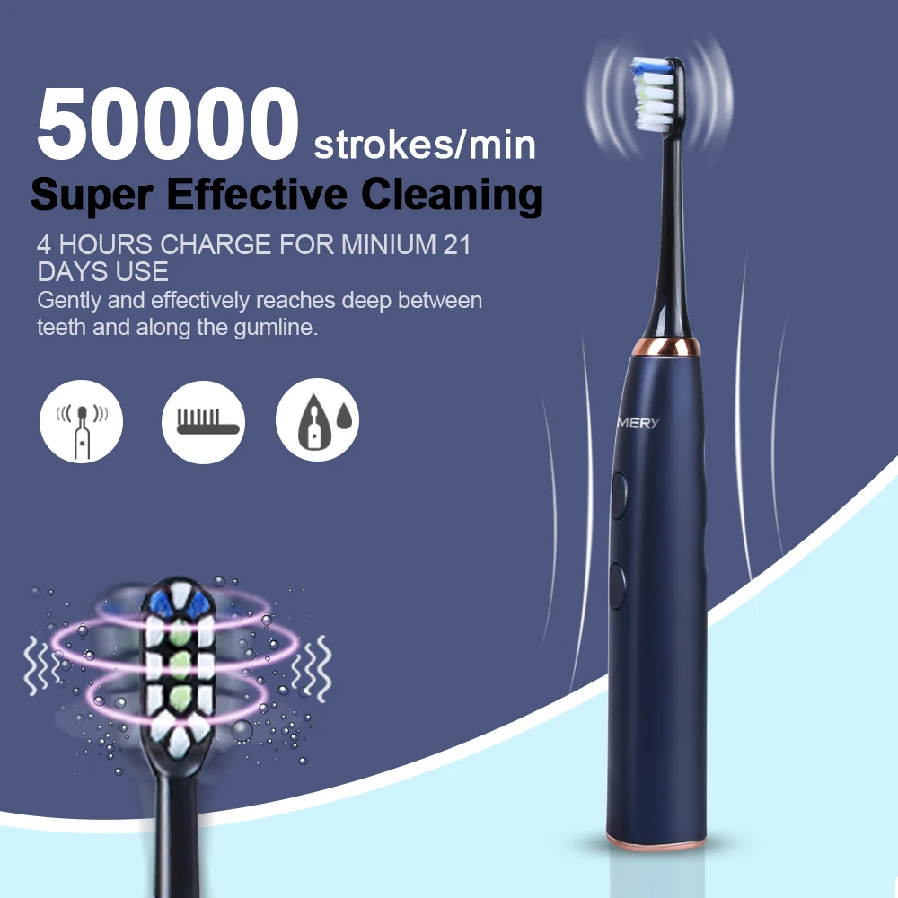  KOMERY New Electric Toothbrush Waterproof IPX7 5 Modes 3 Intensities 50000 Strokes/min 4 Pcs DuPont