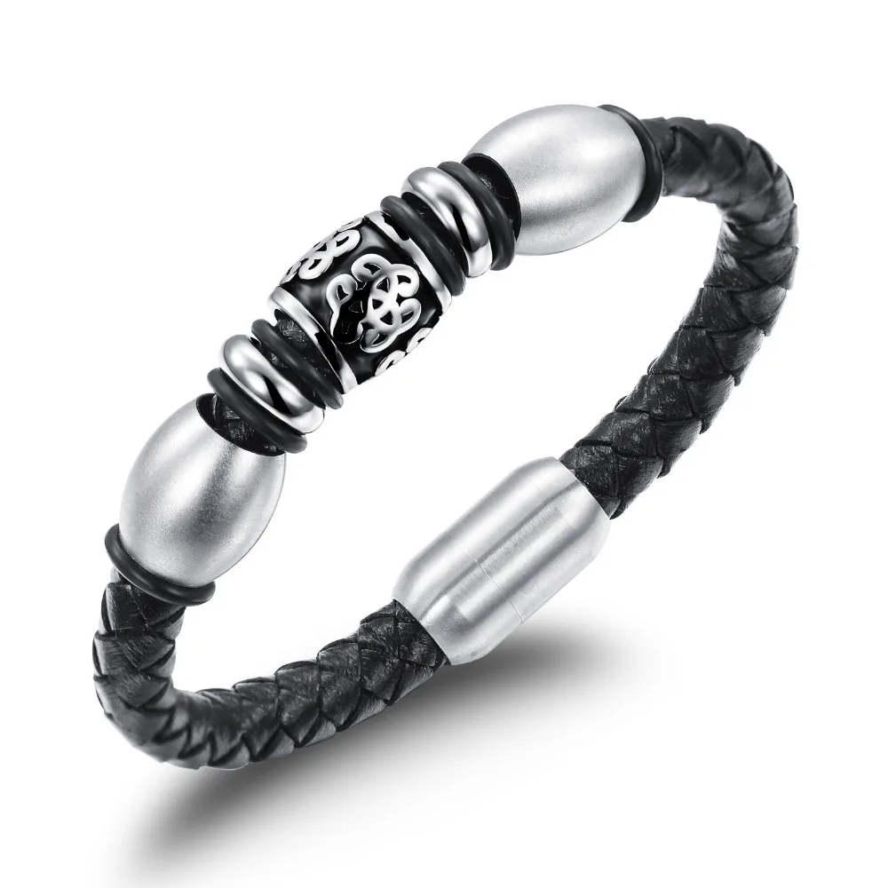 Causel 13mm Black Braided Round Leather Cord Bracelet 316L Stainless