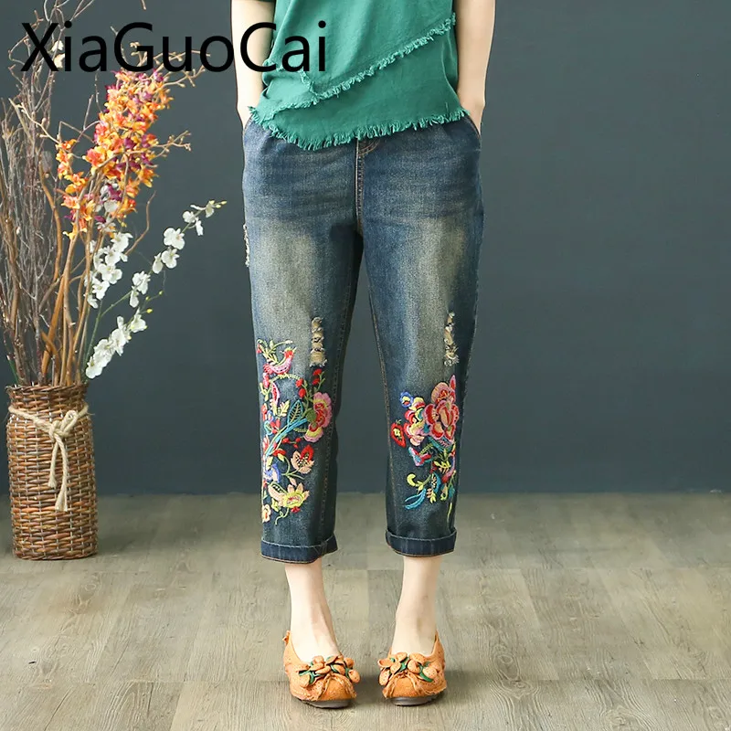 

Denim Jeans Womens National Embroidery Female Worn Out Old Retro Pants Loose Cropped Pants Women High Waisted Jeans