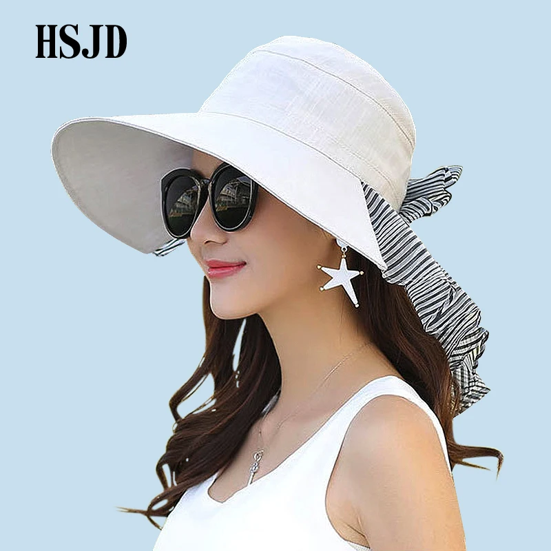 

Summer Wide Brim Anti-UV Women Cloth Sun Hat 2018 New Chiffon Bowknot Protect The Neck Beach Hats Female Outdoor Travel Hat
