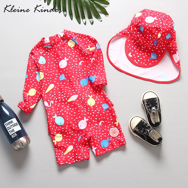 

baby girl swimwear one pieces red ruffle children's swimsuit upf 50 sun protection full sleeve swimsuits for girls with flap cap