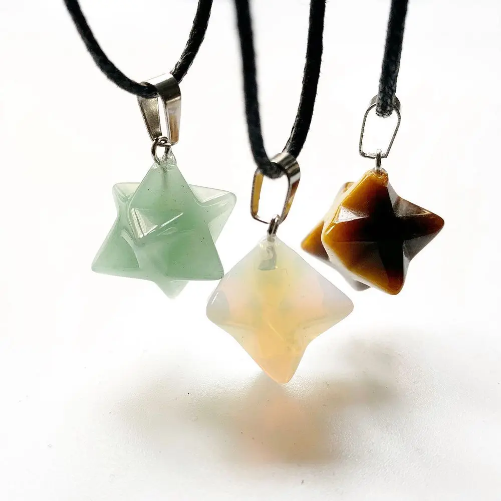 

Natural Stones Jewelry Merkaba Star Crystal Pendant Geometric Necklace Women Chain Wax Rope Handmade Crystal Necklace 1pc