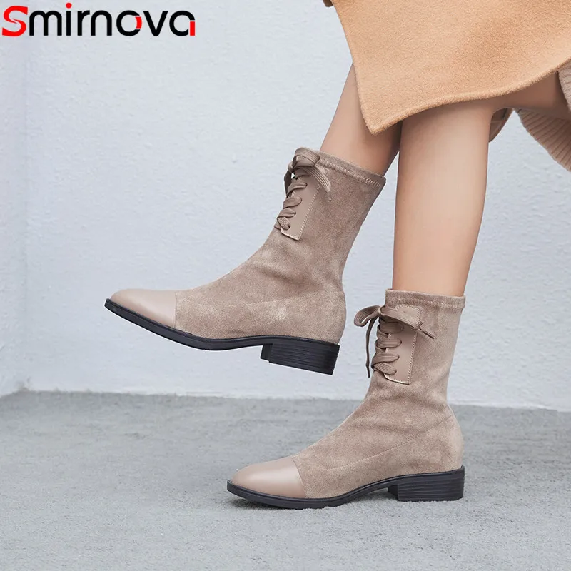 

Smirnova fashion autumn winter boots women round toe lace up stretch fabric+cow leather boots low heels ankle boots women