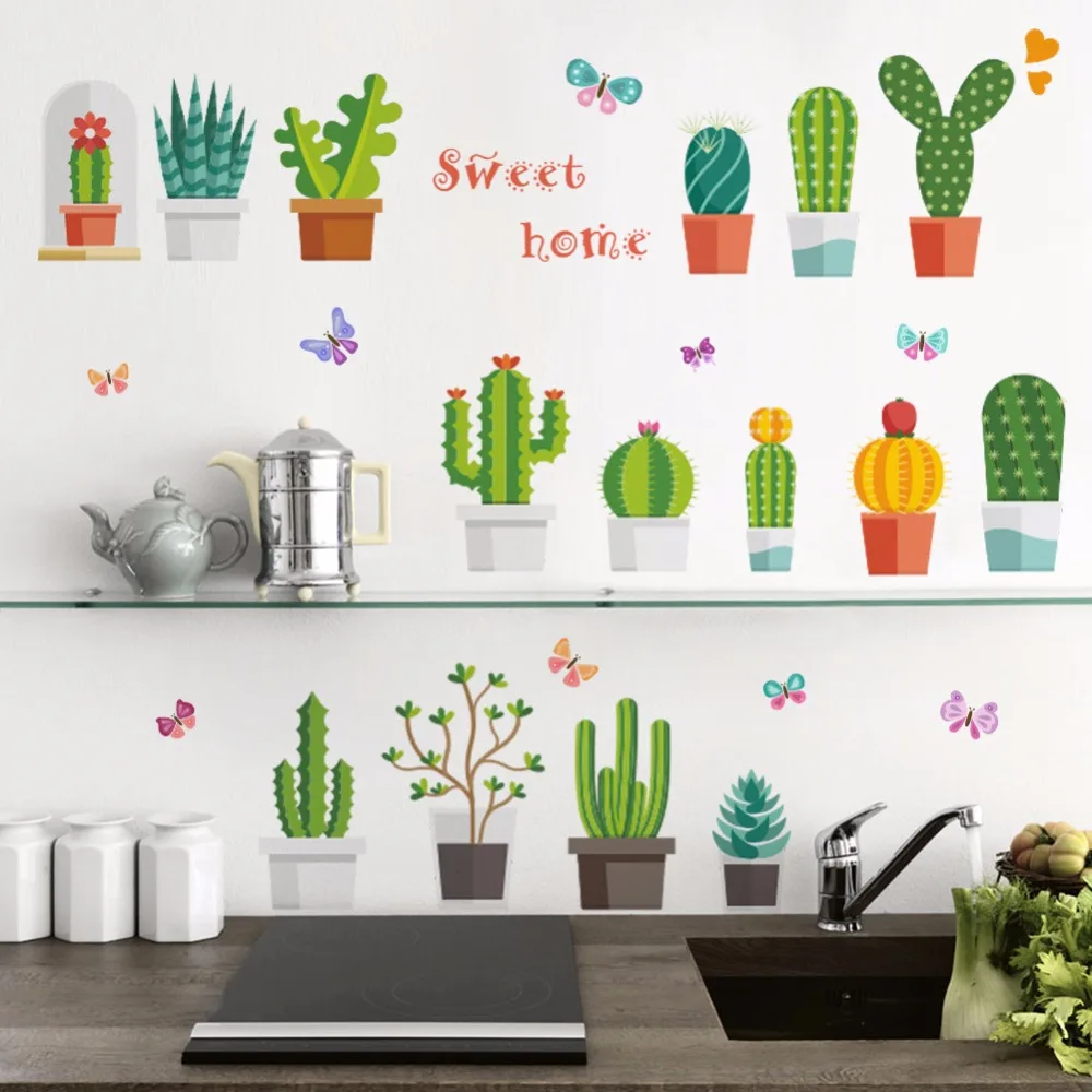 Cactus Flower Pot Wall Stickers for Living Room Bed Room Classroom Bathroom Wall Decor Removable