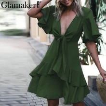 Glamaker Plissado exército verde Mulheres vestido solto vestido 2018 arco decote em v profundo mini vestido elegante vestido de festa Outono inverno vestidos