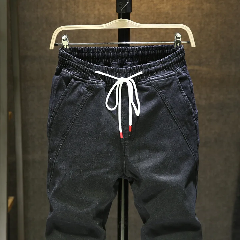 80% OFF 2019 fashion Male High-grade pure cotton Casual harem jeans / Men Elastic waistline lace-up jeans /Man premium brand tight jeans