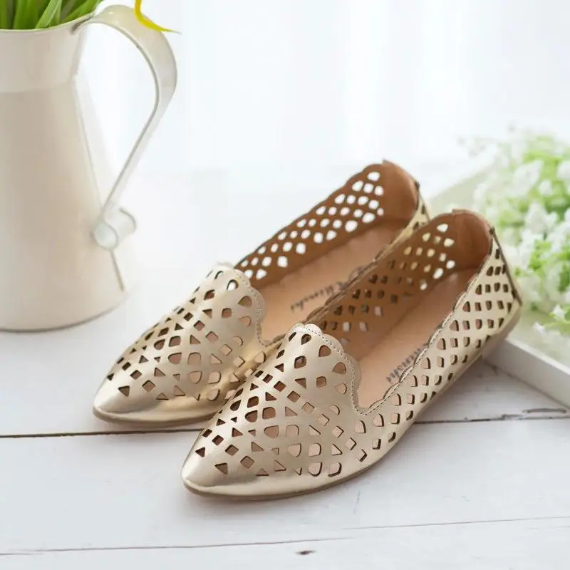 

2017 Summer Breathable Hollow Hole Shoes Woman Pointed Toe Women Flats Ladies Loafers Leather Slip-On Shoes Gold Silver Black