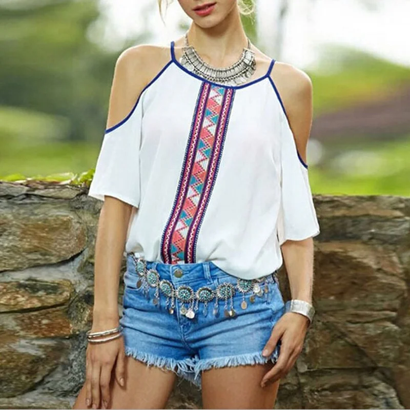1Pc Women Strapless Blouse Casual Off Shoulder Blouse Women Female Patchwork Chiffon Tops Shirt Summer 5 Sizes