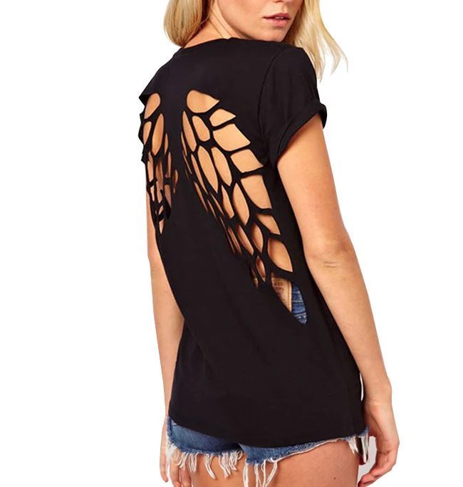 

Summer Fashion Hollow Out Backless Angel Wings Women T Shirt Women Tops Plus Size Women Clothing Black White Plus Size