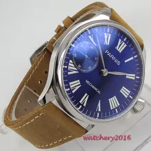 Luxury Brand 44mm Parnis Blue Dial Roman Numerals Luminous Romantic Sweet gifts Valentines 6497 Hand Winding men's Watch romantic sweet 44mm corgeut black dial luminous marks sapphire glass leather strap luxury brand 6497 hand winding men s watch