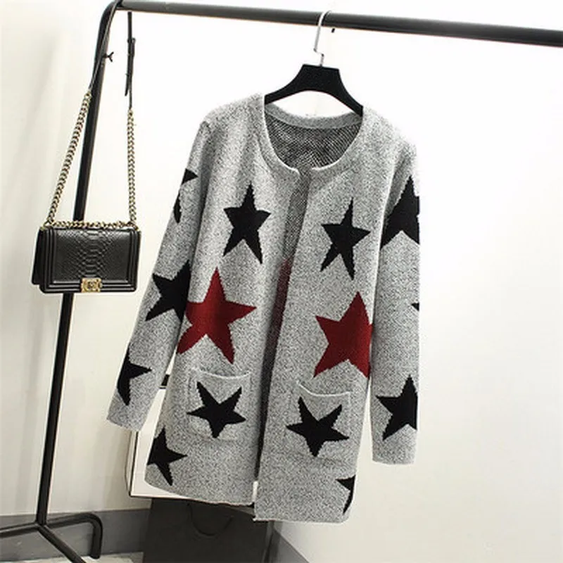 New-Autumn-Spring-Women-Sweater-Cardigans-Casual-Warm-Long-Design-Female-Knitted-Sweater-Star-Printed-Cardigan