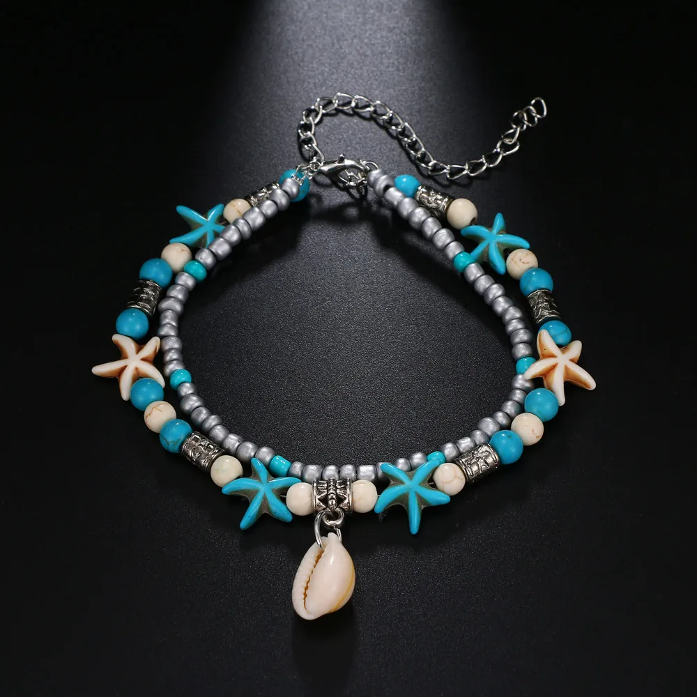 Bohemian Multiple Layers Starfish Shell Anklets Women Vintage Boho Beads Chain Anklet Bracelet Beach Jewelry ankle chains beads anklet
