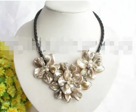 

Free shipping hot sale Women Bridal Wedding Jewelry >>handcraft bloom white seashell pearls choker leather necklace