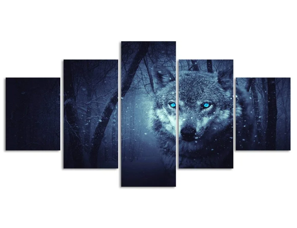 Animal Paintings Wolf with Glowing Eyes in the Snow Painting Wall Art on Canvas Prints Artwork for Home Decor Living room Bedroom Wall Decoration Set Framed Ready to Hang for House (60x32inch)