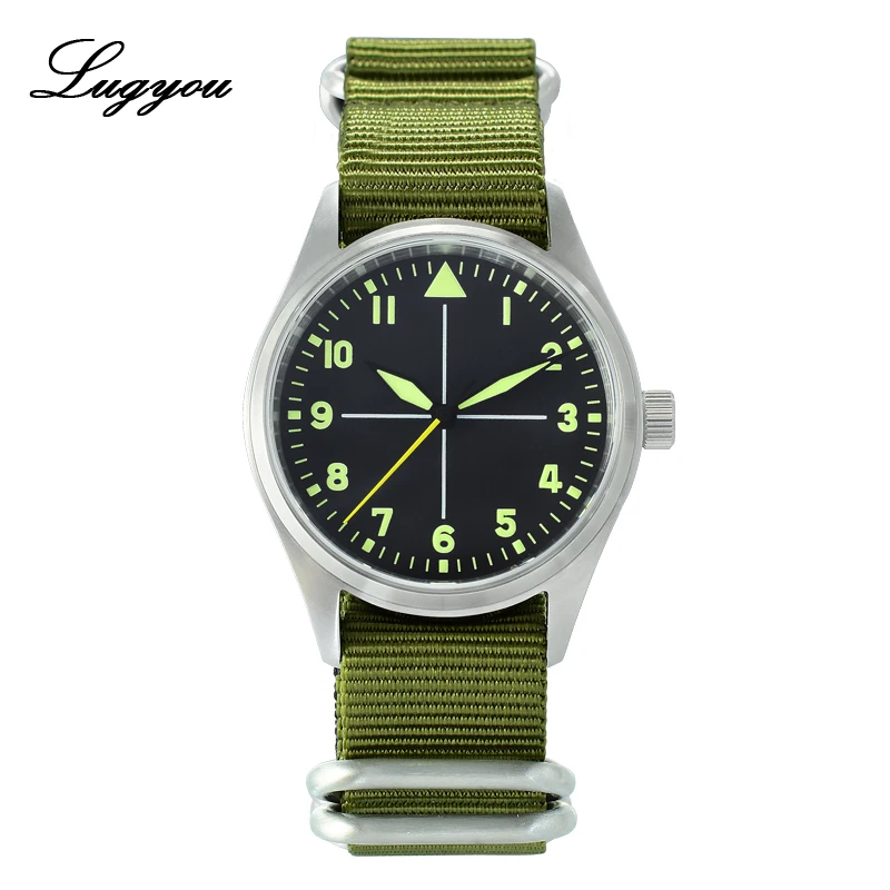

LUGYOU San Martin Pilot Automatic Watch for Men Stainless Steel 20 ATM Water Resistant NH35 Green Luminous Nato Nylon Sapphire
