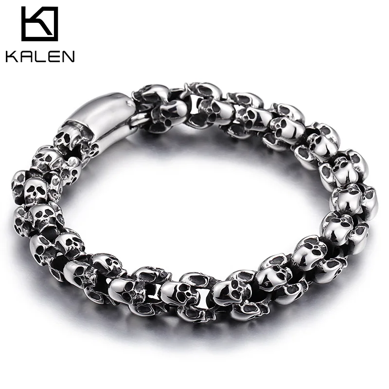 

KALEN Punk Skull Bracelets Men Stainless Steel Shiny Matte Skull Charm Link Chain Brecelets Male Gothic Jewelry 2020