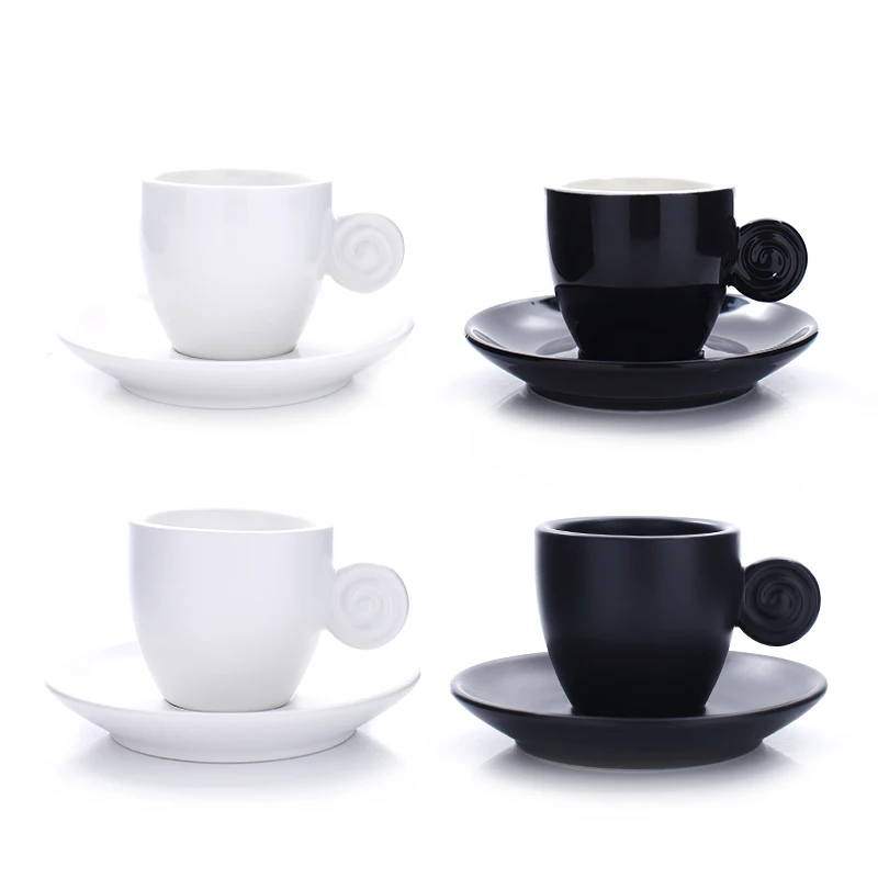 90 мл форма яйца заказной логотип черный и белый эспрессо чашка и блюдце с резьбовой ручкой в глянцевой или матовой