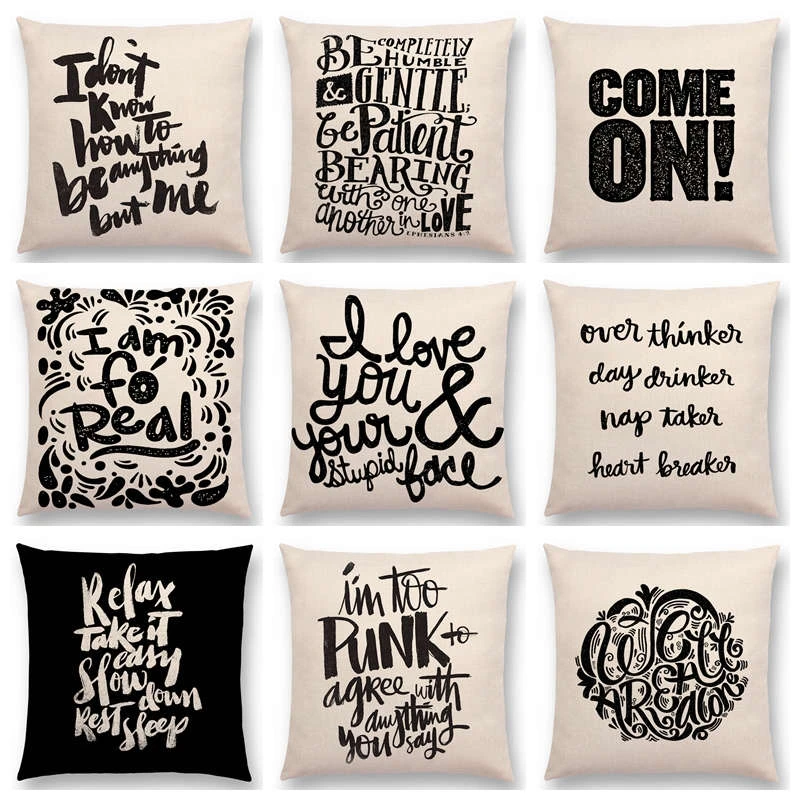 ブラックホワイトパターン装飾手紙面白い言葉有意義言って文章カラフルライフクッションカバーソファ枕ケース Sofa Pillow Case Cushion Covercushion Cover Pattern Aliexpress