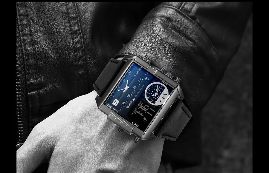 BOAMIGO Brand Fashion Black Dial Man Watch 3 Time Zone Big Rectangle Men Sport Watches Leather Band Calendar Quartz Wristwatches (23)