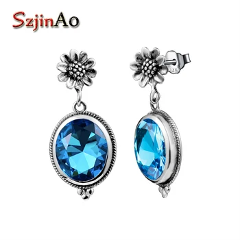 

Szjinao Wholesale Ethnic Dangle Oval Earrings Blue Topaz Handmade Wedding Bohemia Earrings For Women 925 Sterling Silver Jewelry