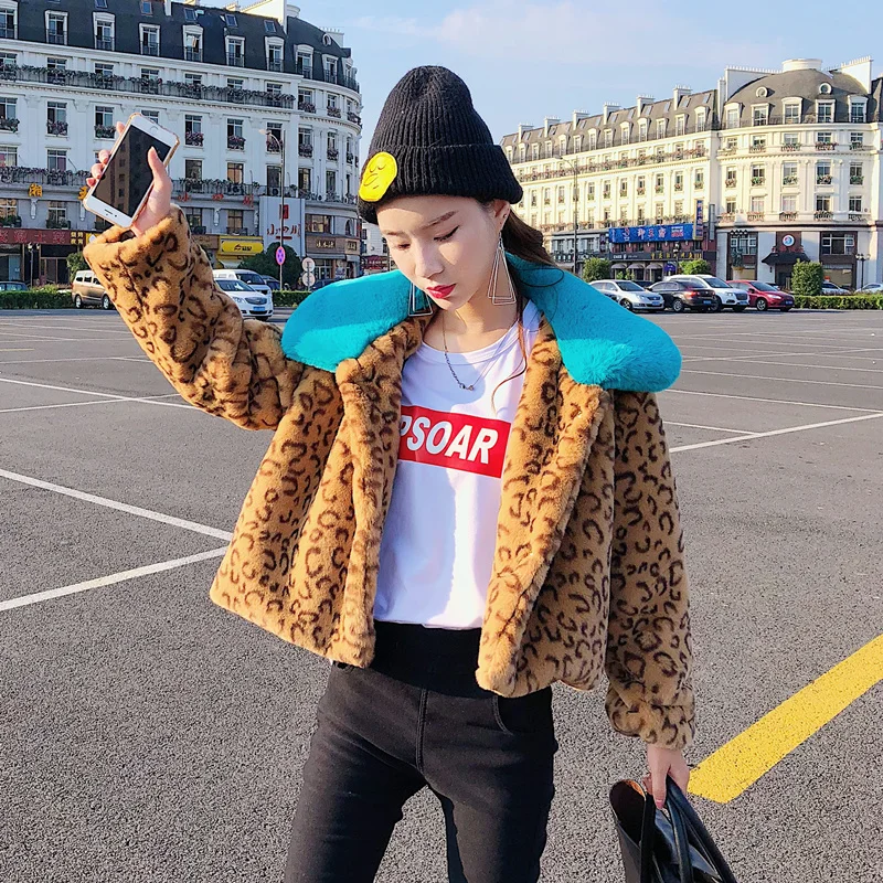 Gtgyff Manteaux Faux Avec Survêtement Chaud Femmes Manteau Velu Vestes Bleu De Artificielle pink Fourrure Collar Vêtements Léopard Col D'hiver Veste Blue Collar rYxnBTrS