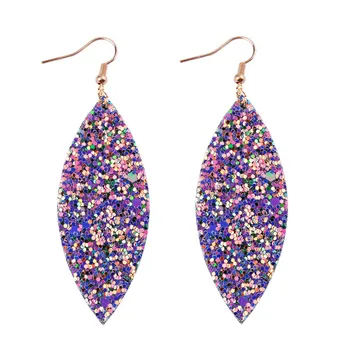 

2019 New Spring Marquise Glitter leaf Leather Earrings for Women Fashion Sequins Looking Various MultiColors Jewelry Long