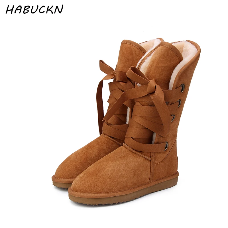 

Australia Classic Fashion High Snow boots Women boots Genuine Cowhide Leather Lace up Long boots Fur Warm Winter Boots