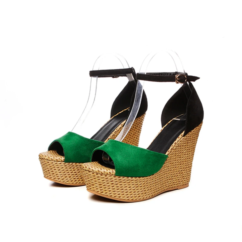 Fashion Women High Heels Summer Sandals New Arrival Open Toe Straw Wedges Platform Buckle Strap Casual Shoes Woman Green Black (19)