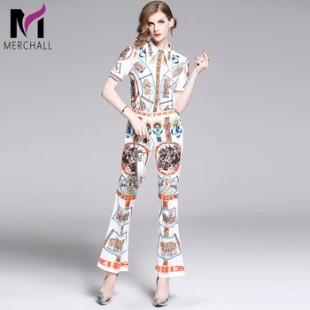

2019 Designer Runway Pattern Print Shirt Trousers Two Piece Set Women Summer Short Sleeve Blouse Top+ Bell-bottom Flare Pant Set