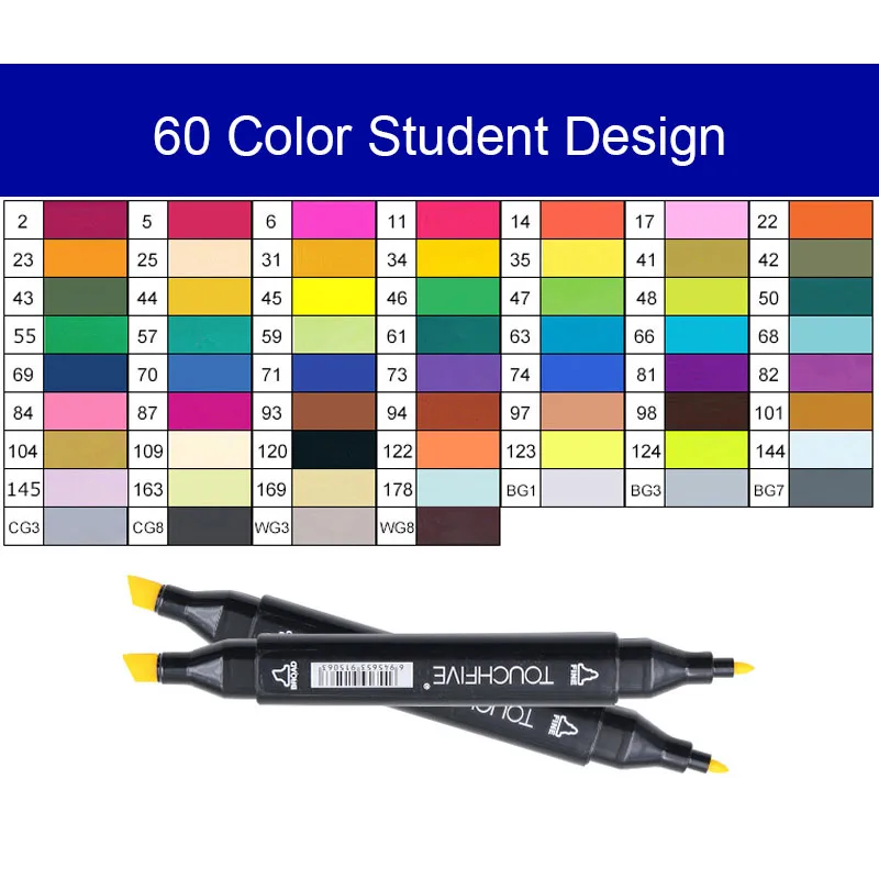 Touchfive маркер, 168 цветов, ручка, спиртовой маркер, набор, двойная головка, художественные маркеры для рисования, модная одежда, дизайн для школьников - Цвет: 60Student-black