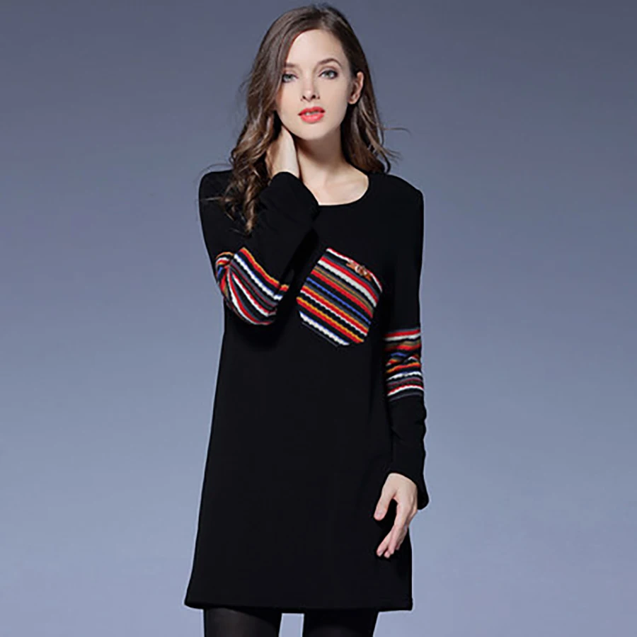 Thicken Winter Dress Women Straight Print Striped Fashion Casual Plus ...