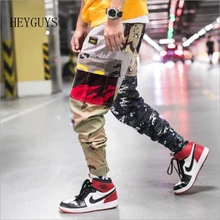 HEYGUYS, дизайнерские мужские камуфляжные брюки карго,, Mes, уличная одежда, с карманами, из кусков, штаны для бега, мужская мода, одежда размера плюс