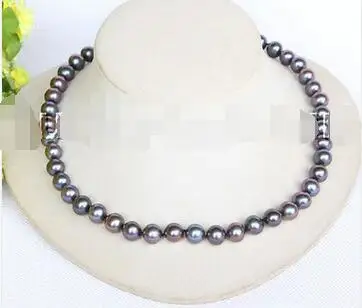 

Free Shipping>> new hot 17" luster Natural 10mm black round pearls necklace 14K gold clasp j11158