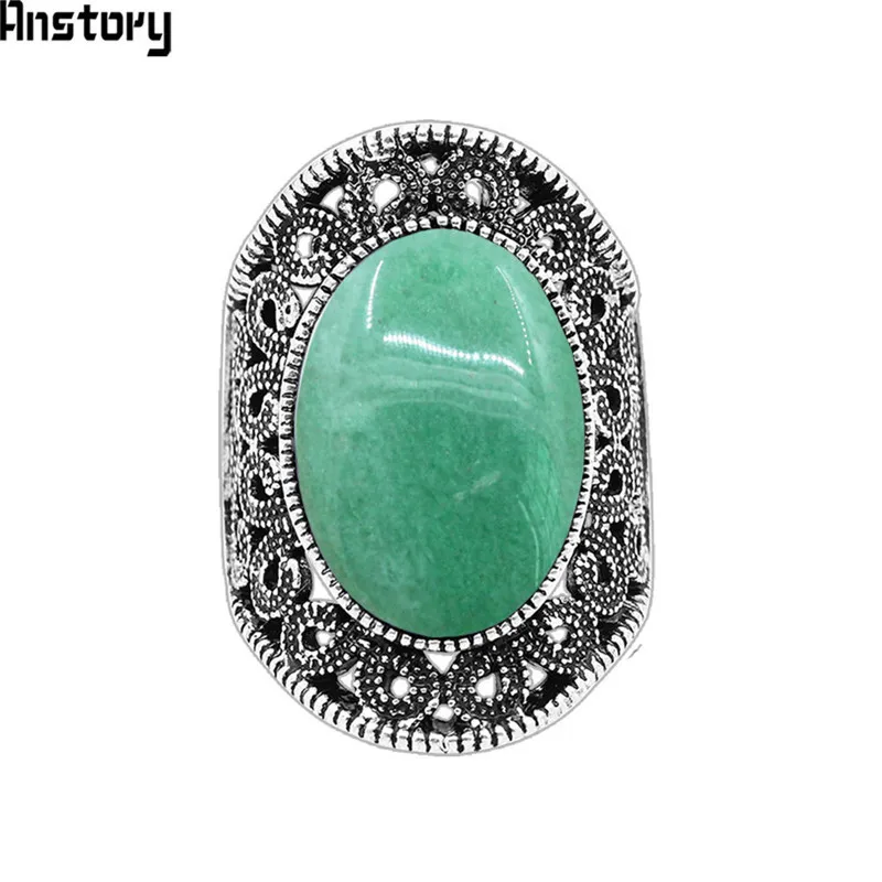 Овальный Натуральный камень кольца для Для женщин Винтаж цветок Дизайн Античная Посеребренная Модные украшения TR646