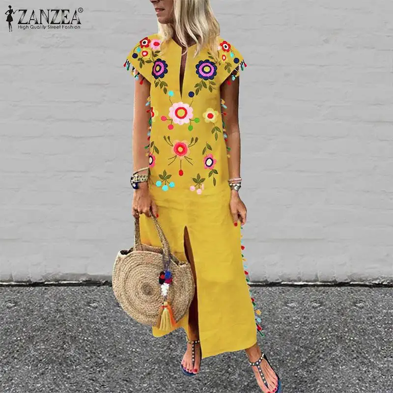 

2019 ZANZEA Women's Summer Sundress Printed Maxi Long Vestisos Ladies Vintage Tassels Split Beach Dresses Bohemian Robe Femme