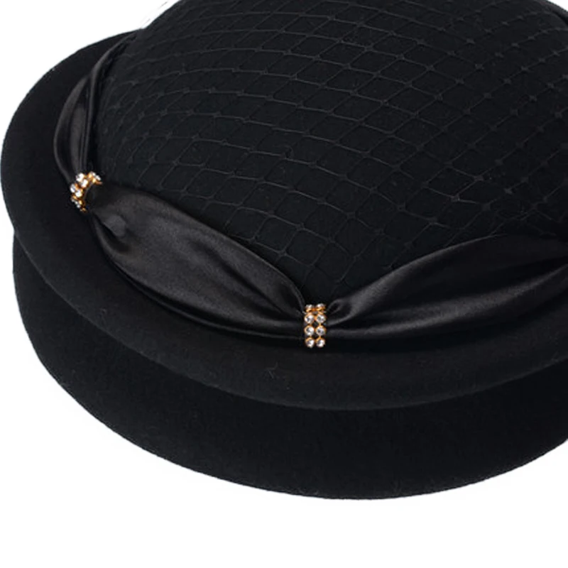 FS женский зимний черный шерстяной берет, шапка для женщин, французские фетровые шапки, шапка с бантом с сеткой, церковная фетровая шляпа, Chapeau Femme Hiver