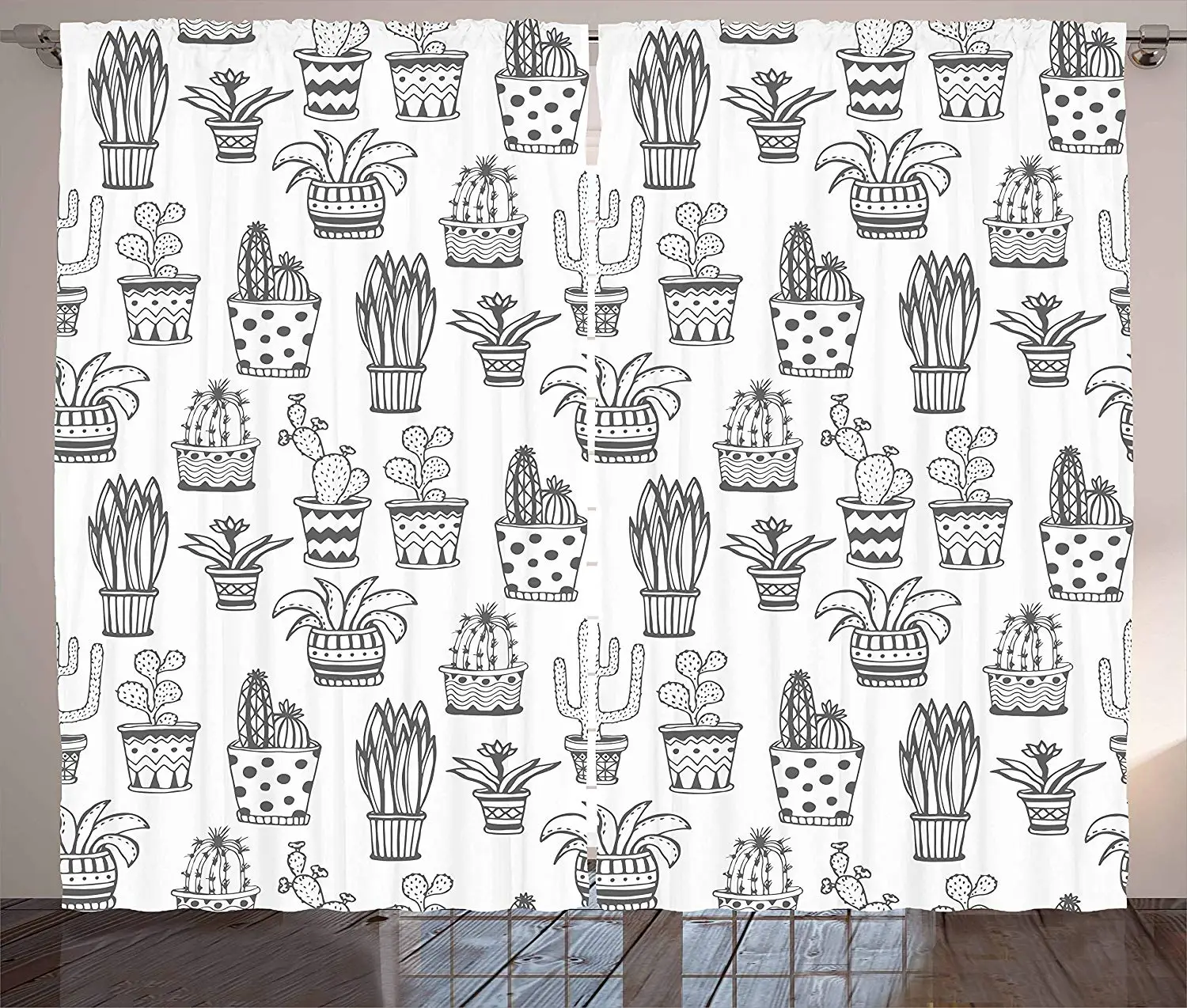 Cactus Kitchen Curtains Doodle Flowers In Pots With Polka Dots And