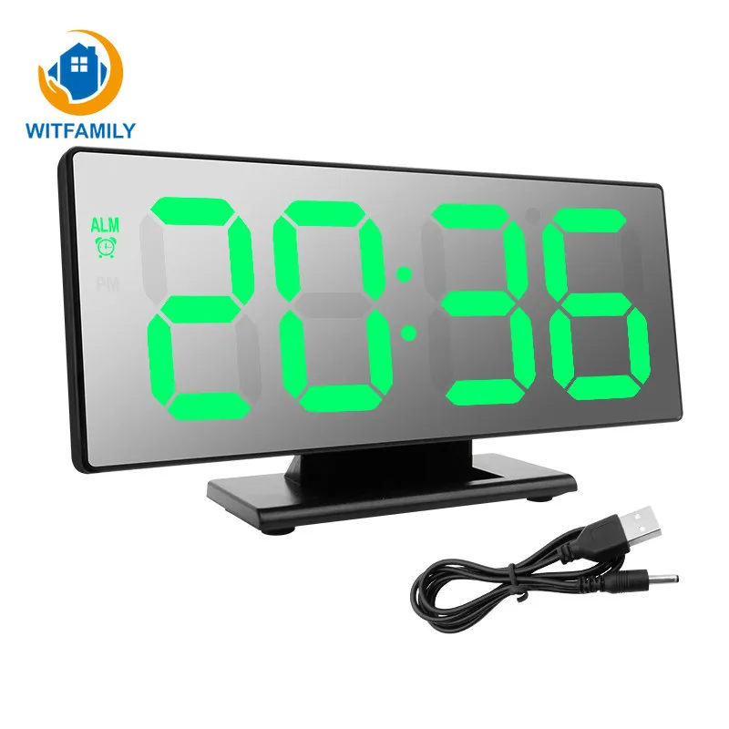 Baratos LED Despertador grande decoración USB espejo Digital luces de noche reloj Mesa Electrónica Snooze Pantalla de escritorio