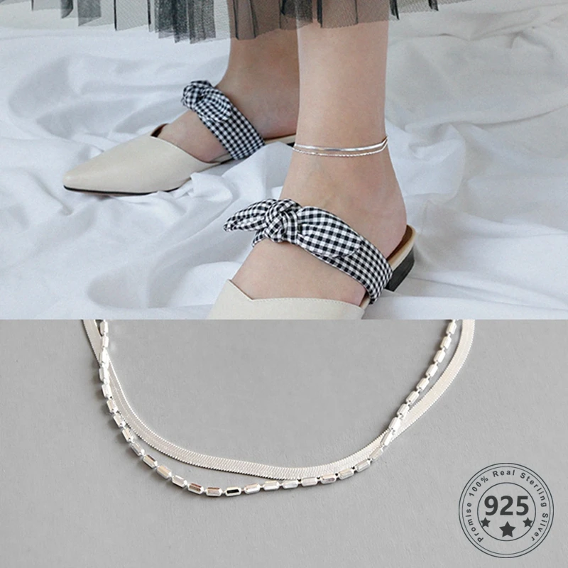 

Louleur 925 sterling silver flat bead double layer anklets fashion romantic chain adjustable anklets for women summer jewelry
